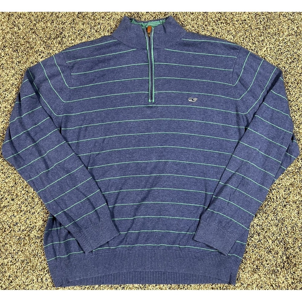 Vineyard Vines Blue Mock Neck Long Sleeve Striped 1/4 Zip Pullover Sweater Sz XL